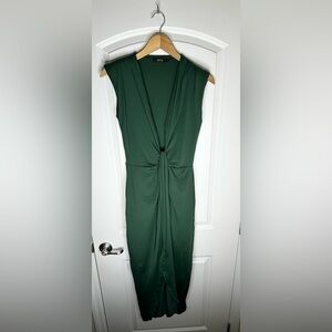 Micas Green Deep V-Neck Sleeveless Midi Dress Fall Wedding Siren NWOT Cocktail